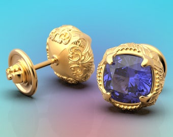 May include: A pair of gold earrings with intricate detailing and a purple gemstone in the center.