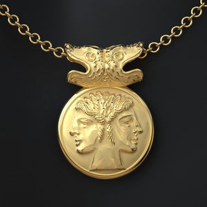 Collar con colgante de Jano en oro de 14k o 18k, colgante de moneda de estilo romano antiguo, fabricado en Italia por Oltremare Gioielli