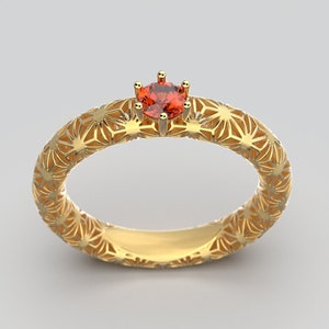 Orange Sapphire Engagement Ring: 14k-18k Gold Sashiko Pattern Band
