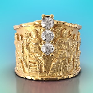 Ancient style solid gold ring with 0.6 CTS natural fancy diamonds. Pediments of the Parthenon Ring, Sculptured ring in 18k or 14k gold