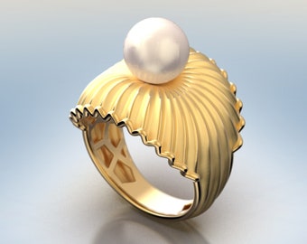 Pearl Ring in 18k or 14k genuine gold. Natural Japanese Akoya  pearl Ring made in Italy by Oltremare Gioielli, Italian fine jewelry.