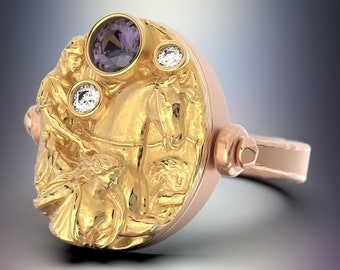 Anello cocktail in oro massiccio 18 carati con spinello viola intenso 0,45 CTS dello Sri Lanka e diamanti naturali. Anello in rilievo in oro 18 carati made in Italy