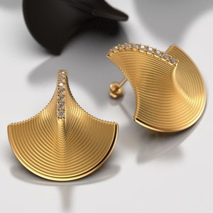 Diamond Gold Earrings Fine Jewelry Italian Gold Earrings 14k 18k Real Gold Stud Earrings VVS Diamond Earrings Contemporary Jewelry Gold image 2