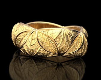 Gouden bandring met bladmotief, 14k of 18k echt gouden sieraden gemaakt in Italië. Op de natuur geïnspireerde trouwring, Italiaanse fijne sieraden.