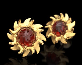 14k Gold Granat Blumen Ohrstecker - Italienischer Feiner Schmuck