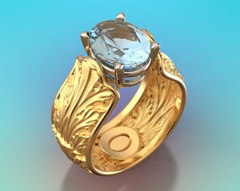 Aquamarine ring in 14k or 18k solid gold. Made in Italy fine jewelry by Oltremare Gioielli. Sculptural gemstone ring in genuine Gold
