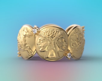 Antique Style Gold Coin Ring: 14k or 18k Diamond Roman Greek Design
