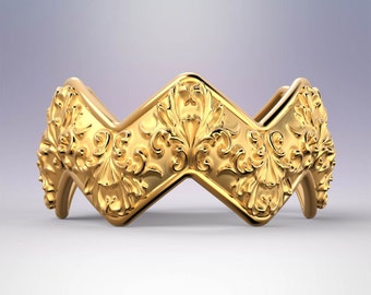 Wavy gold ring in 18k or 14k, Zigzag ring made in Italy, retro ornaments vintage baroque design frame pattern floral ancient style ring