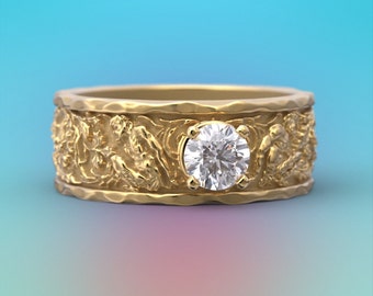 Italian-Made Men's Ring: 18k/14k Gold with Natural Half-Carat Diamond, Inspired by the Grotesque Decorations of Domus Aurea, Rome