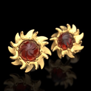 Garnet stud earrings in solid gold 14k / 18K Italian fine jewelry made in Italy. Dainty gold studs with carved cabochon garnet, flower studs