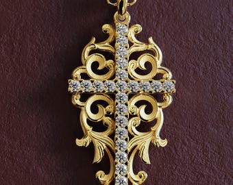Baroque Gold Cross Pendant Necklace With Diamonds