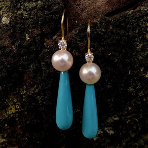 Turquoise Drop Earrings: Akoya Pearl & Diamond, 14k or 18k Gold