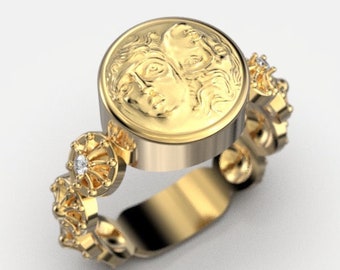 14k/18k Italian Gold Diamond Ring: Ancient Greek Coin Reproduction