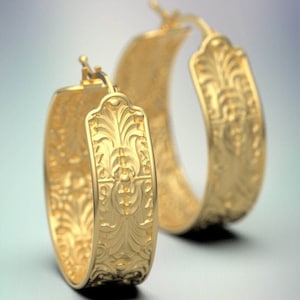 Hoop earrings made in Italy in 18k / 14k solid gold. Large hoop earrings. Acanthus leaf gold earrings , italian gold jewelry earrings.