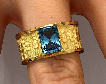 Bague pour homme en or, bague topaze bleue de Londres, bague en or perse, anneau de cigare d'inspiration italienne artisanal