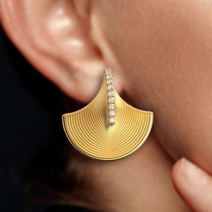 Diamond Gold Earrings Fine Jewelry Italian Gold Earrings 14k 18k Real Gold Stud Earrings VVS Diamond Earrings Contemporary Jewelry Gold image 3