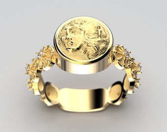 Italian Gold Diamond Ring in 14k / 18k featuring a stunning reproduction of an ancient double face Greek coin. Italian jewelry made in Italy