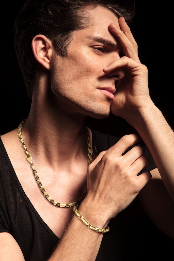 Italian 14k Gold Men's Necklace: Hammered Faceted Link Chain - Etsy