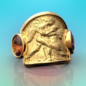 Eros and Psyche Solid Gold Ring: Amethyst & Citrine, Ancient Style