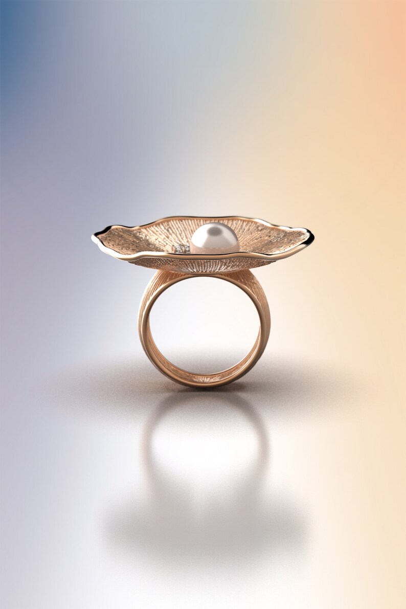 Statement Rose Gold Cocktail Ring With Natural Pearl and Etsy