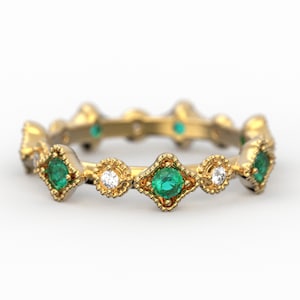 Emerald and Diamond Eternity Band: 14k or 18k Gold Wedding Ring, Italian Design