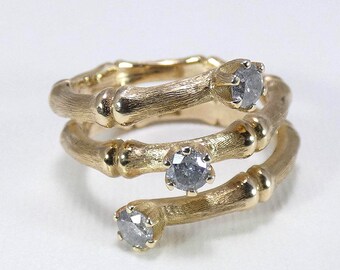 Anillo de bambú de oro macizo de 14k o 18k: acabado florentino, diamante natural