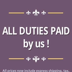 May include: A purple graphic with white text stating "ALL DUTIES PAID by us!" and "100% MADE IN ITALY." The text is accompanied by decorative fleur-de-lis symbols and horizontal gold lines. The bottom text states "Delivered to Your Door, No Extra Charges!"