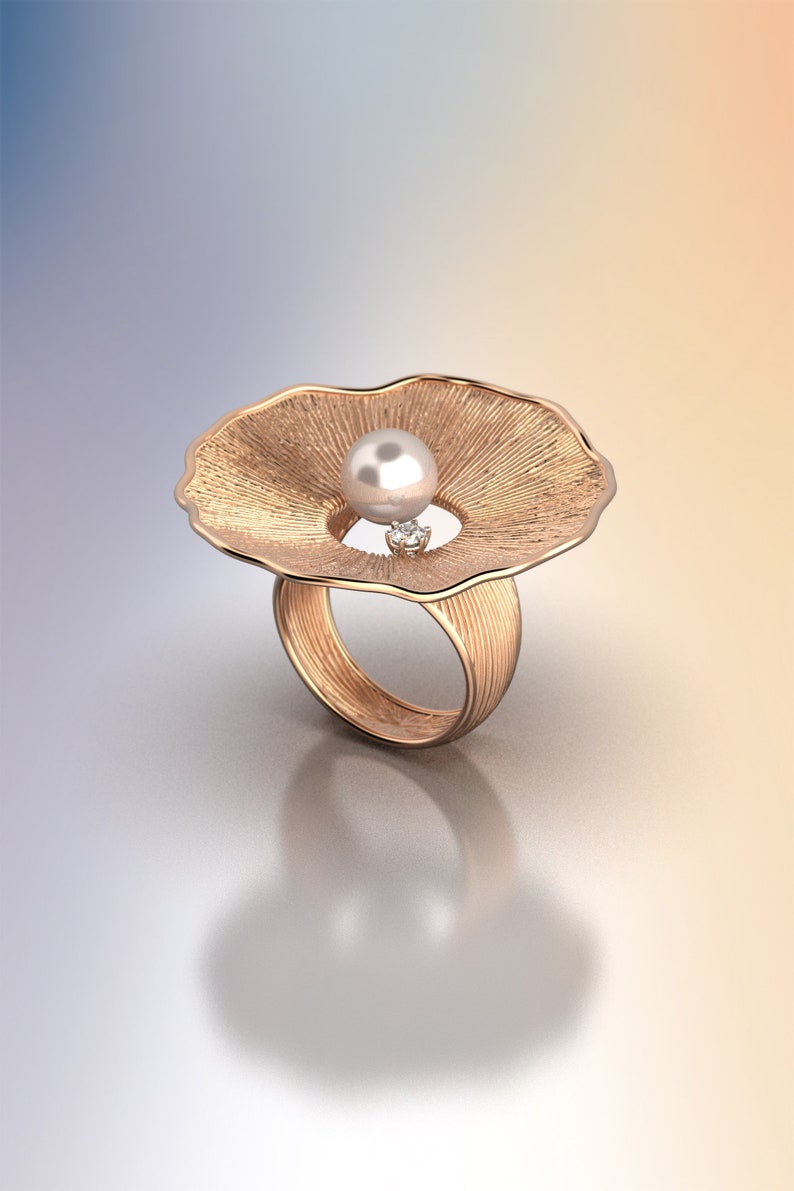 Statement Rose Gold Cocktail Ring With Natural Pearl and Etsy