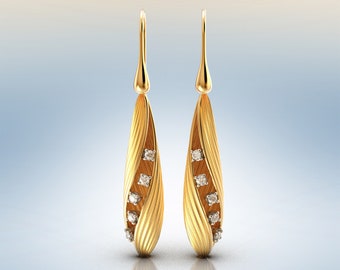 Long Dangle Drop Diamond earrings made in Italy in 14k or 18k real gold. Italian gold earrings made in Italy, fine jewelry earrings.