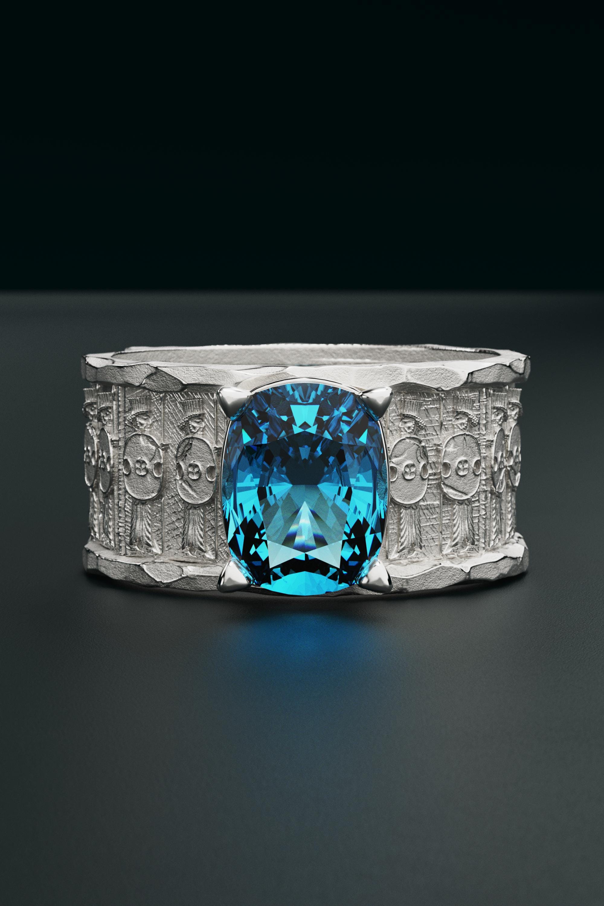 Persian Gold Men's Ring: Blue Topaz, Achaemenid Warriors - Etsy