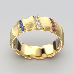 Hand Engraved 18k-14k Gold Wedding Band: Diamond, Ruby, and Sapphire