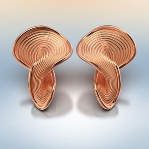 May include: A pair of rose gold earrings with a unique, swirling, abstract design.