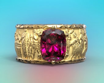 Bague grenat en or massif, anneau italien poinçonné, joaillerie italienne. Bague pour homme en or de style ancien avec grenat violet naturel de qualité supérieure