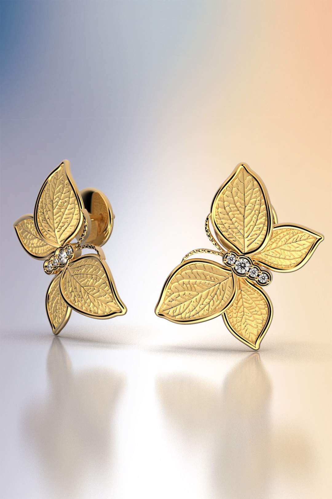 Butterfly Stud Earrings in Solid Gold, Italian Made Gold Jewelry. Gold ...