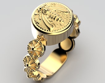 Italian Gold Bee Coin Ring: Ancient Greek Reproduction, Handcrafted