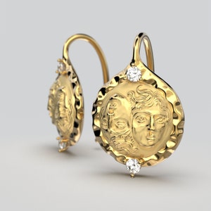 古代ギリシャのコインダイヤモンドイヤリング：14Kまたは18Kゴールドのイタリアンジュエリー