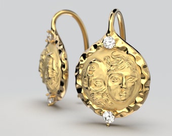 Ancient Greek Coin Diamond Earrings: 14k or 18k Gold Italian Jewelry