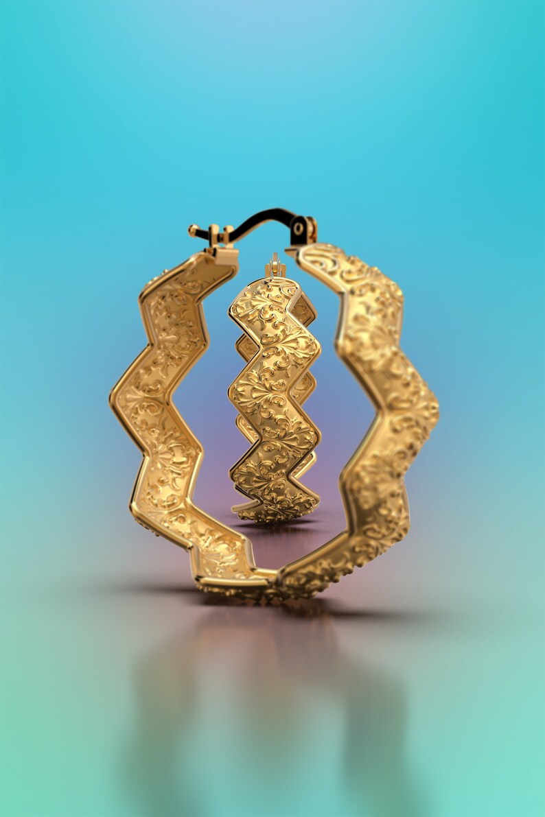 Hoop earrings made in Italy in 18k / 14k solid gold. Large hoop earrings. Baroque gold earrings , italian gold jewelry earrings. image 3