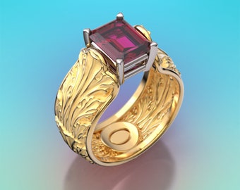 Bague grenat taille émeraude, bande de grenat rhodolite en or massif, bague en or baroque fabriquée en Italie par Oltremare Gioielli, bague grenat violet.