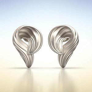 Puede incluir: Un par de pendientes de plata con un dise&ntilde;o &uacute;nico y abstracto. Los pendientes tienen forma de remolino o ola, y tienen un acabado liso y pulido.