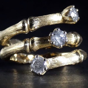 Solid Gold Bamboo Ring: Natural Diamond Spiral, Handmade in Italy
