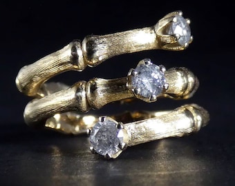 Anillo de bambú de oro macizo: espiral de diamantes naturales, hecho a mano en Italia