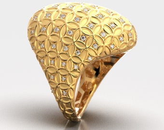 Bague en diamant fabriquée en Italie, bague dôme avec diamants naturels, grande bague en or, bague en or véritable 18k ou 14k, haute joaillerie italienne, bague texturée