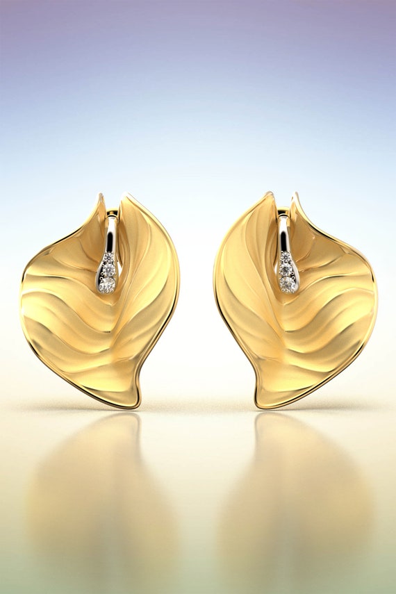 Chunky 14k or 18k Gold Earrings: Italian Nature-Inspired Diamond Earrings
