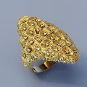 Coral Textured Gold Statement Ring with Diamonds - Italian Design