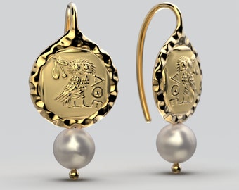 Owl of Athena Gold Coin Earrings: Akoya Pearl, Italian Jewelry