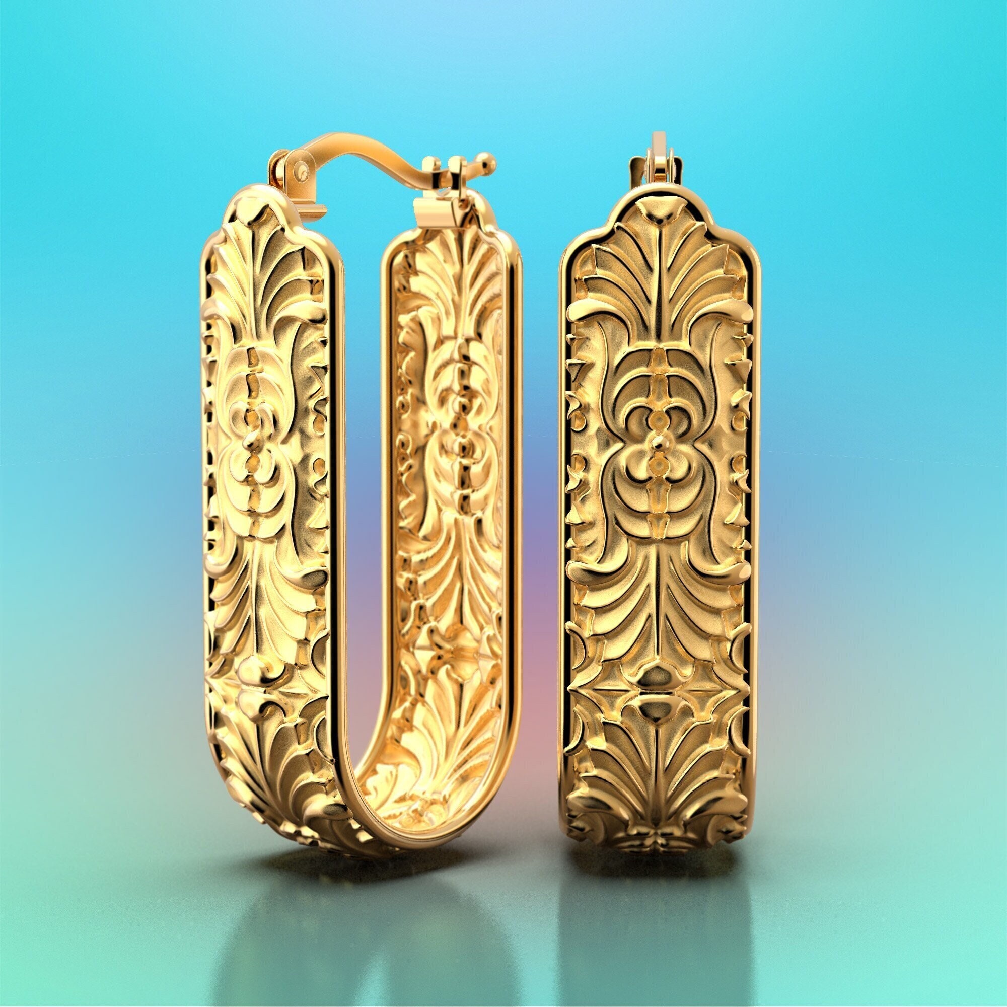 Hoop earrings made in Italy in 18k / 14k solid gold. Long hoop earrings. Acanthus leaf gold earrings , Italian gold jewelry earrings.