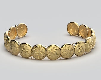 Italian Gold Cuff Bracelet with 15 Antique Coin Reproductions and Natural Diamonds, designed and crafted in Italy in 18k / 14k genuine gold.