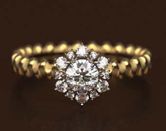 Half Carat diamond ring GIA Certified. Halo diamond ring Italian fine jewelry in 14k or 18k solid gold, Diamond cluster ring, two tone ring.