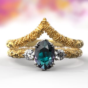 Lab Alexandrite Engagement Ring Set: 14k or 18k Gold Chevron Band, June Birthstone